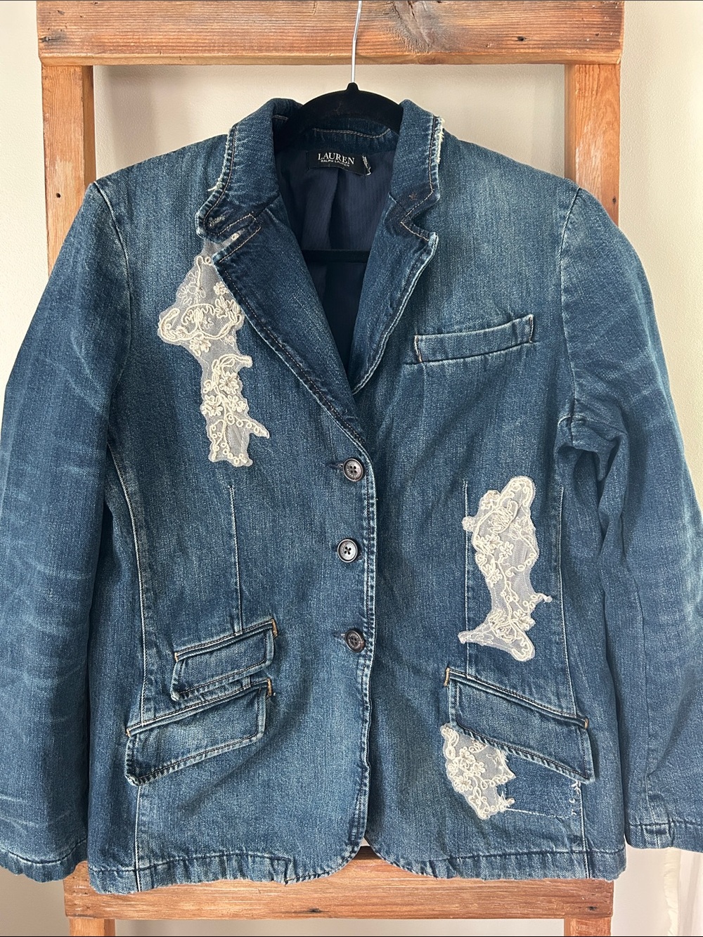 Lauren Ralph Lauren Blue Denim Blazer with White Lace Appliqué